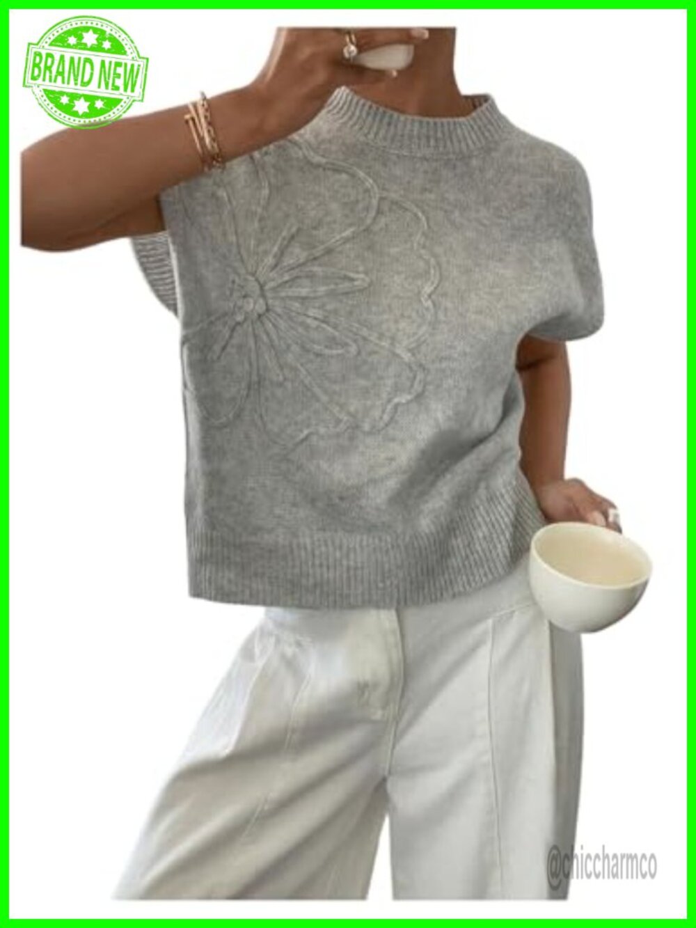 Womens Short Sleeve Sweater 3D Floral Ribbed Knit Pullover Top